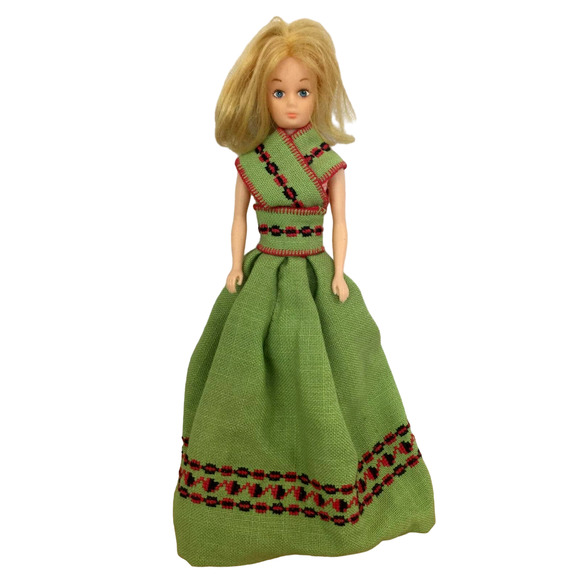 Peasant Girl Barbie Doll in Green Bohemian Linen Dress Country Girl - Picture 1 of 5